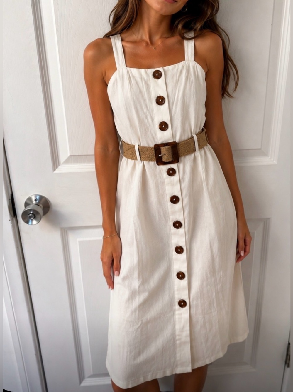 White Linen Blend Midi Coastal Sundress with Belt and Buttons